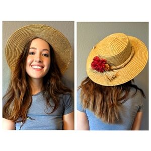 Tan and Red Wide-Brimmed Straw Hat with Floral Accent Sun Hat